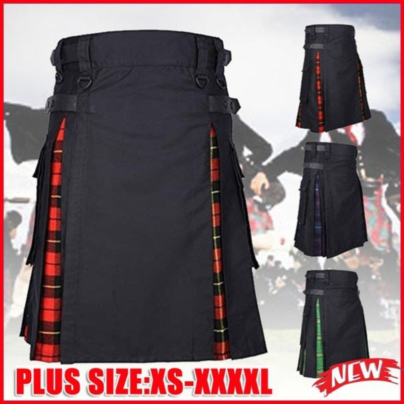 Kilts-Männer Plus Size Scottish Hybrid Black Cotton & Tartan Utility Kilts mit Lederriemen Kilts für Männer – Detail 4