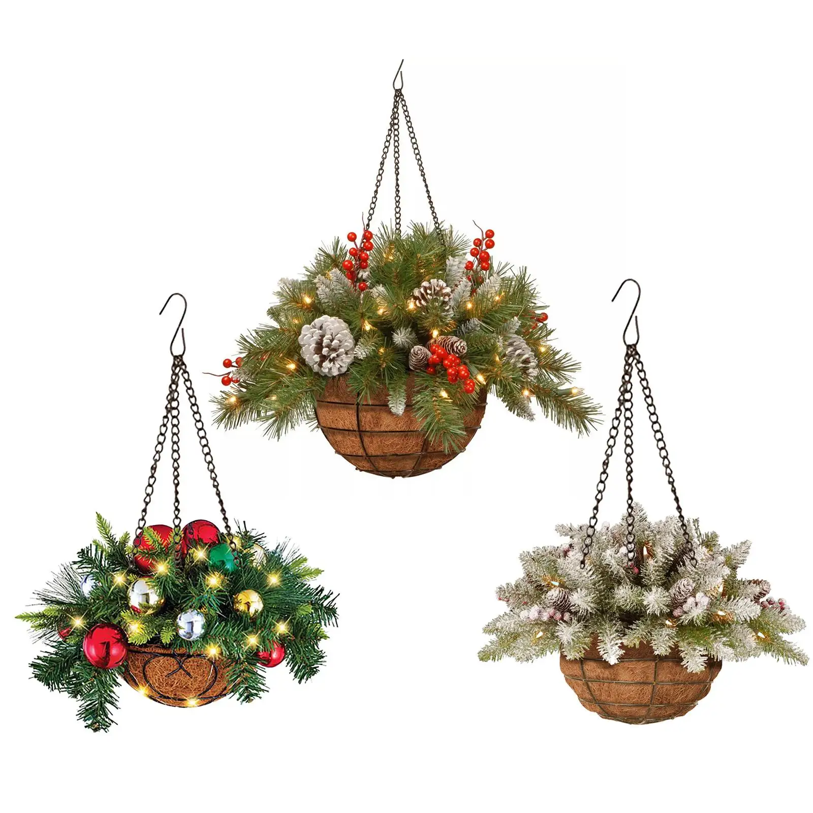 Artificial Christmas Hanging Basket with Frosted Berries Mixed Decorations for Porch Indoors Outdoors