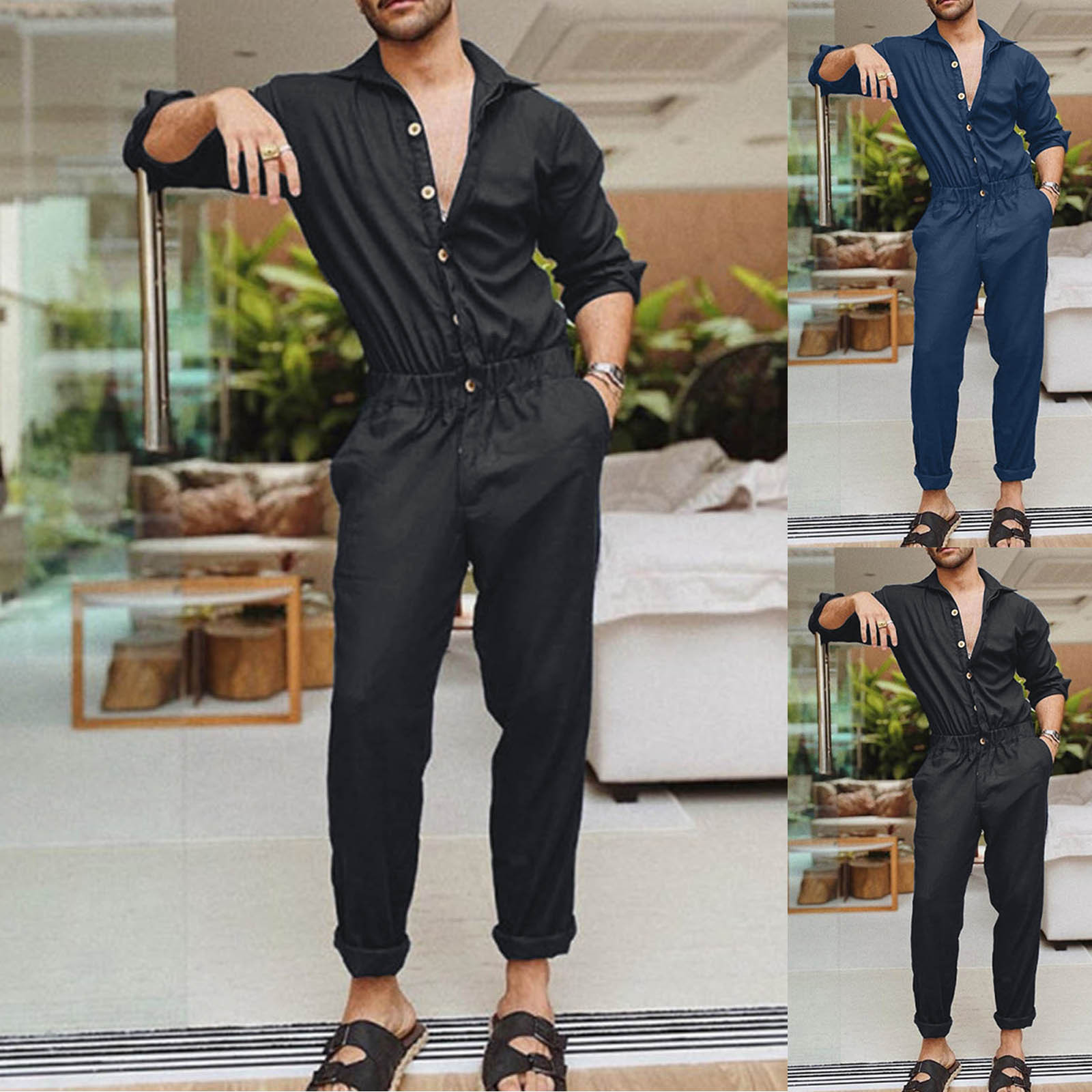 Description Picture 2 of itemMen's Overalls Jumpsuit Solid Color 2023 Spring Fashion Pocket Turn-Down Collar Long Sleeve Playsuits Cargo Casual Street Wear