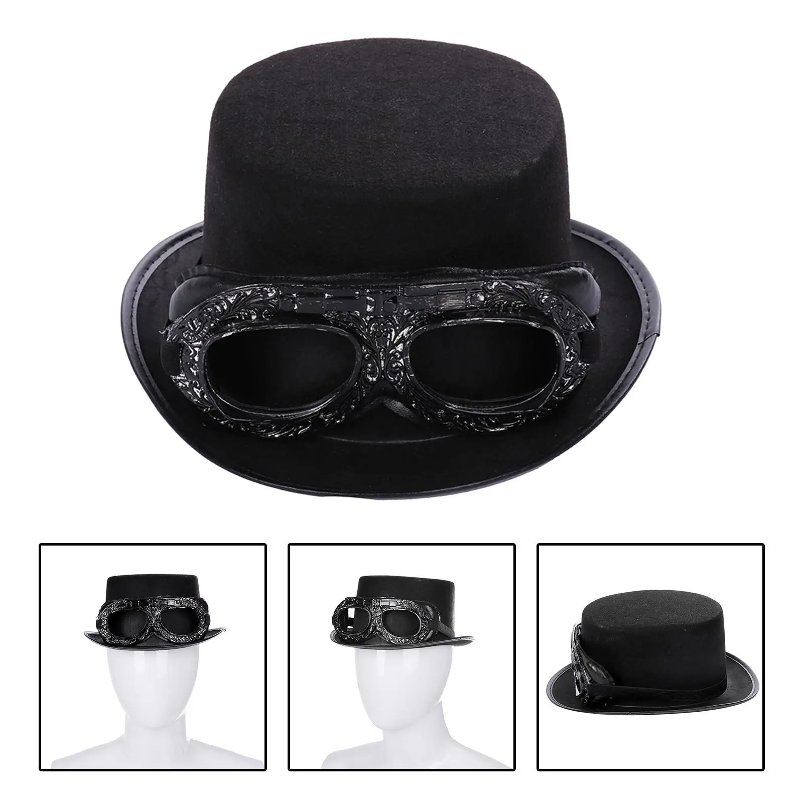 Deluxe Black Steampunk Top Hat with Goggles Punk Costume Hat Gear for Unisex Halloween Party Fancy Dress Costume Accessory