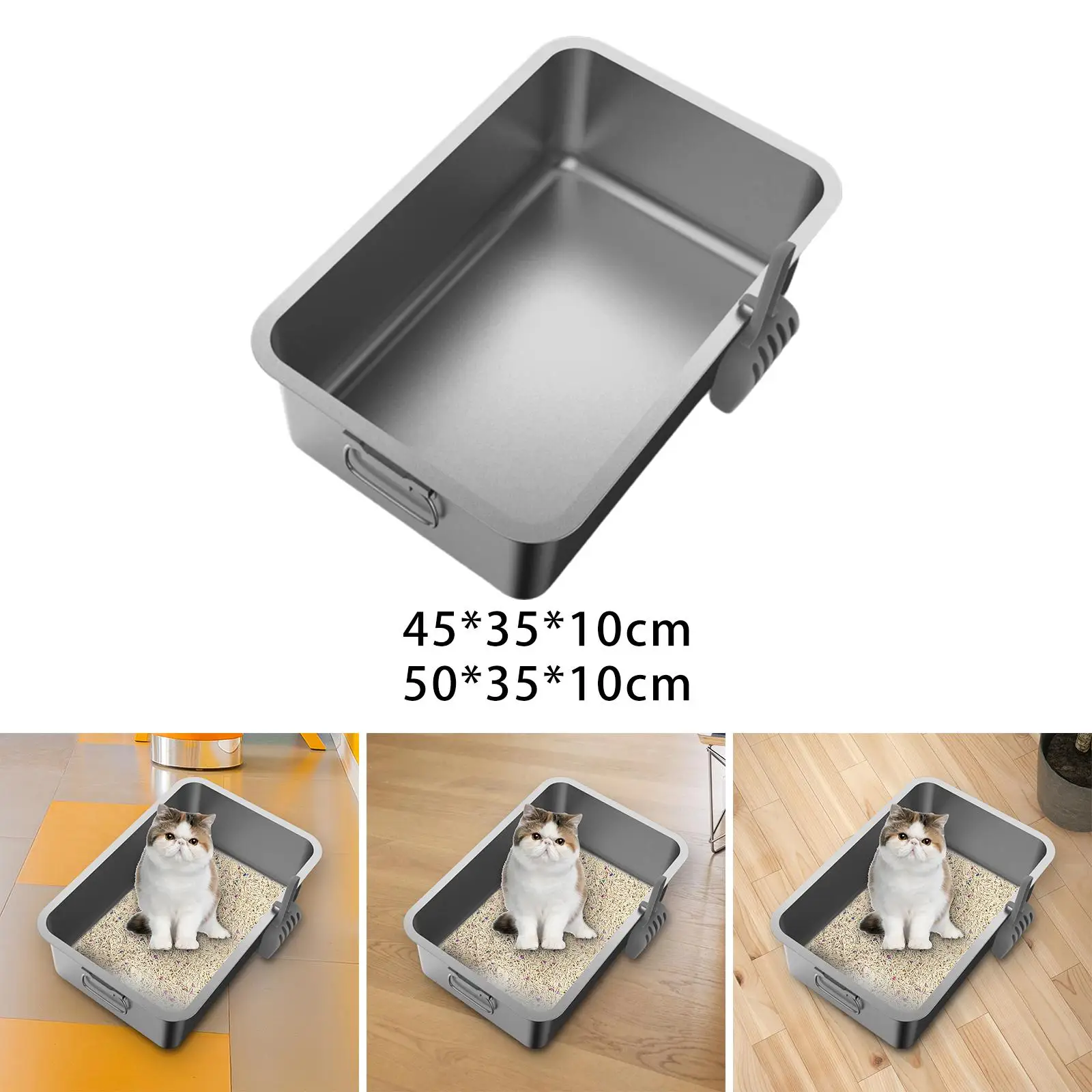Kitten Cat Litter Box Stainless Steel Rounded Edges Anti Rust with Side Carrying Handle