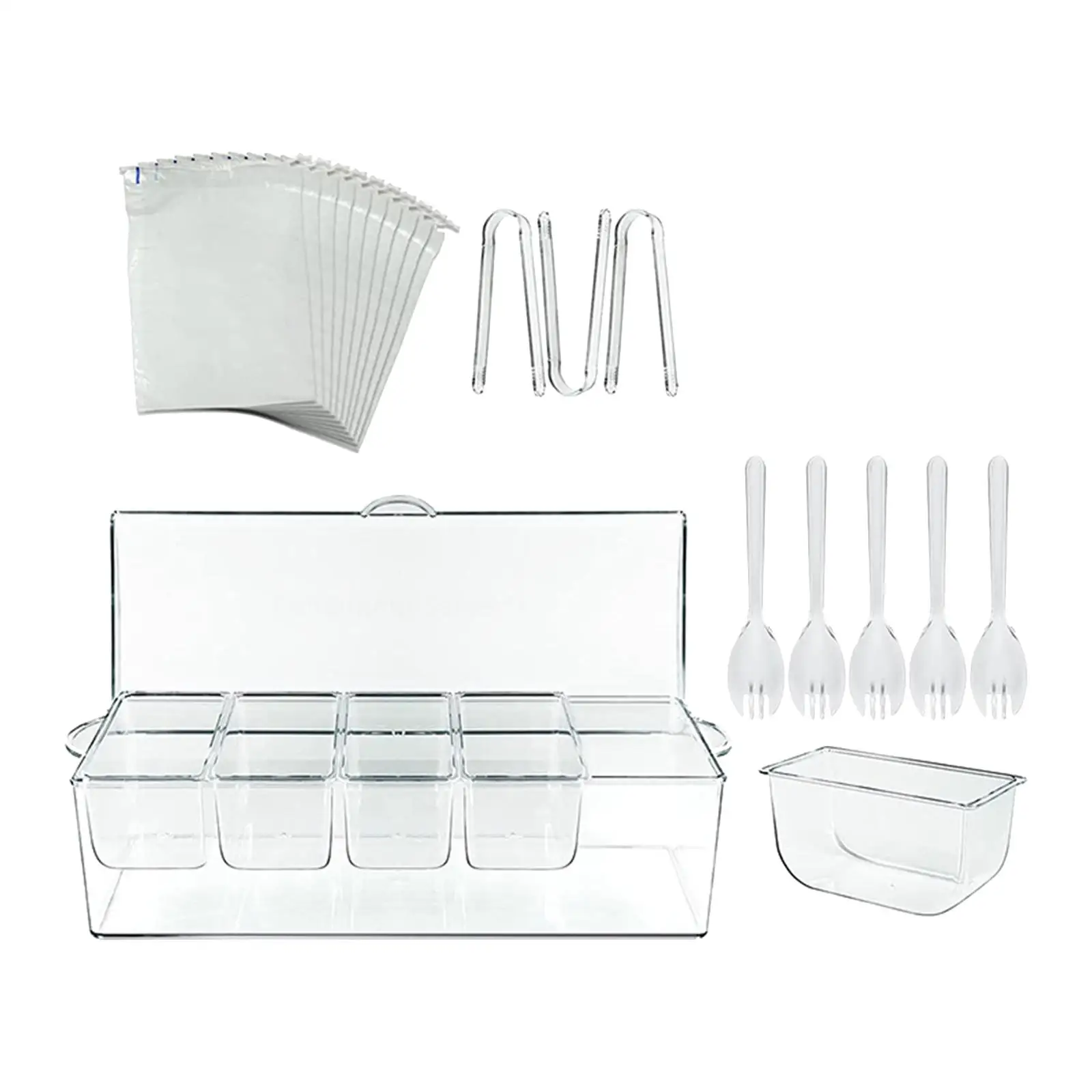 Chilled Condiment Server Caddy Set 5 Compartment Hinged Lid Clear Garnish Tray