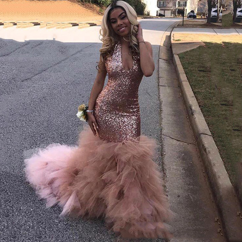 African Black Girls Sequined Prom Dress Rose Gold Formal Pageant Holidays Wear Graduation Evening Party Gown Custom Made Color Yellow US Size 14W