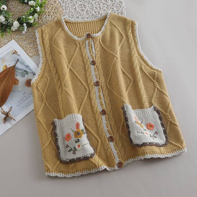 Sweaters Vests Women Loose Knitting Cute Floral Pockets Students