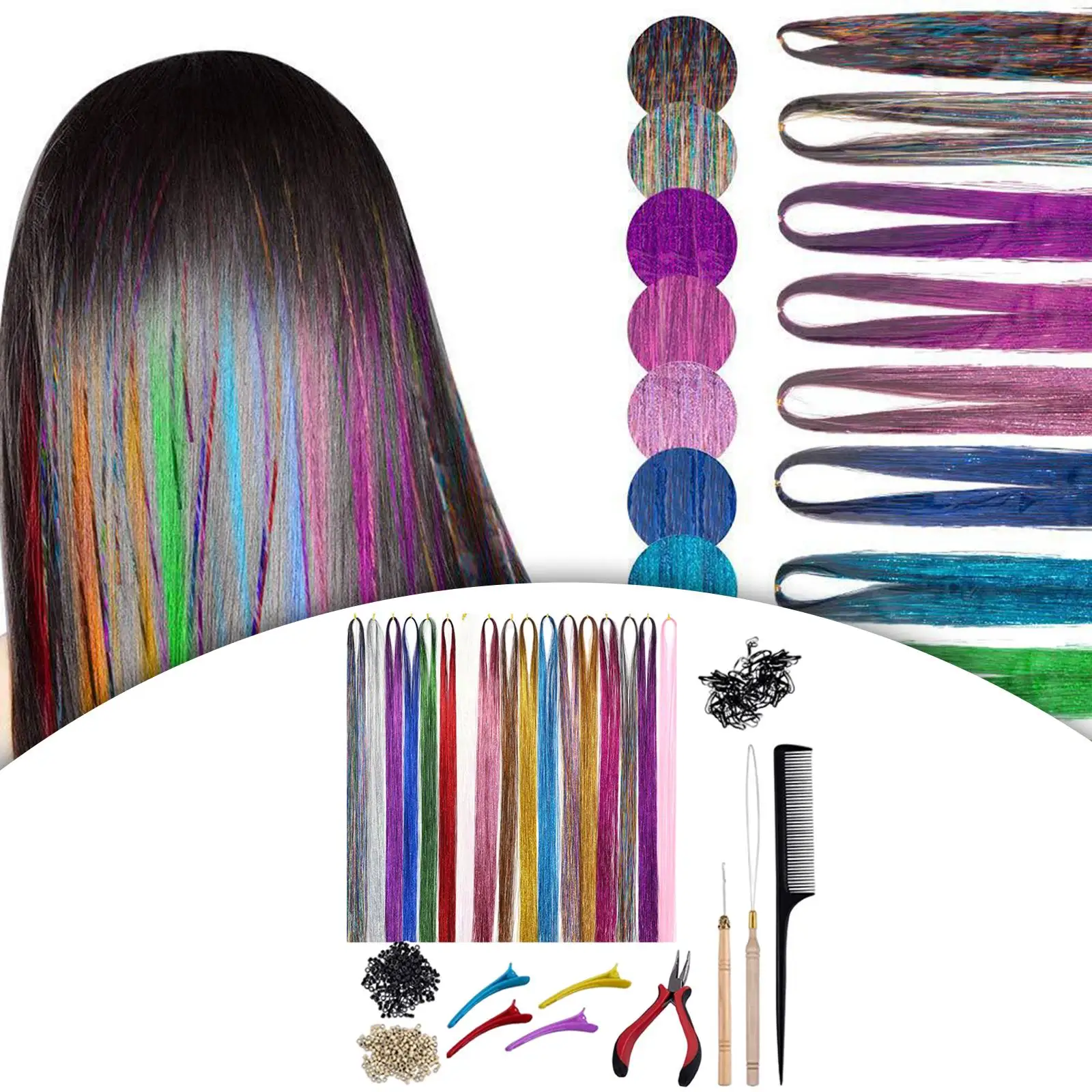 12-Color Hair Extension Tinsel Kit Glitter 200Pcs Rings Beads for Cosplay Hair Styling Shiny Hair Braiding Hair Women Girls