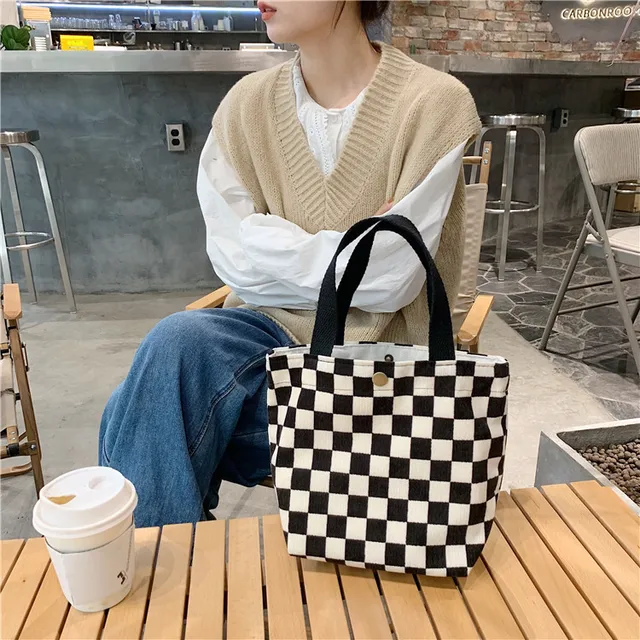 Women Retro Corduroy Shoulder Bag Checkerboard Pattern Canvas