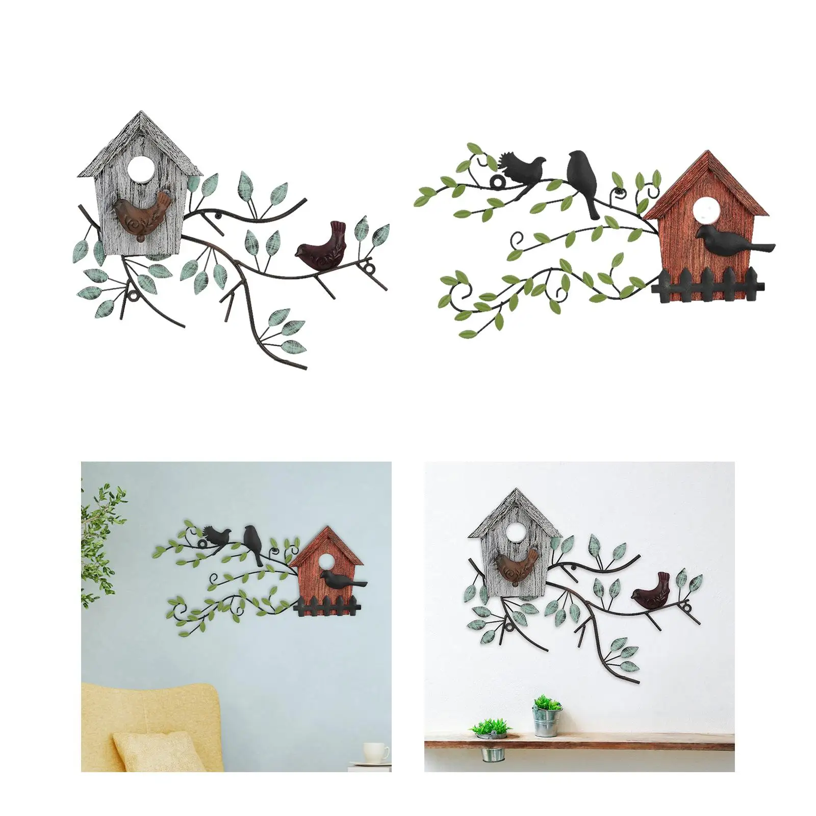 Metal Birds Wall Decor Birdhouse Art Hanging Ornament for Outdoor Holiday Gift Patio