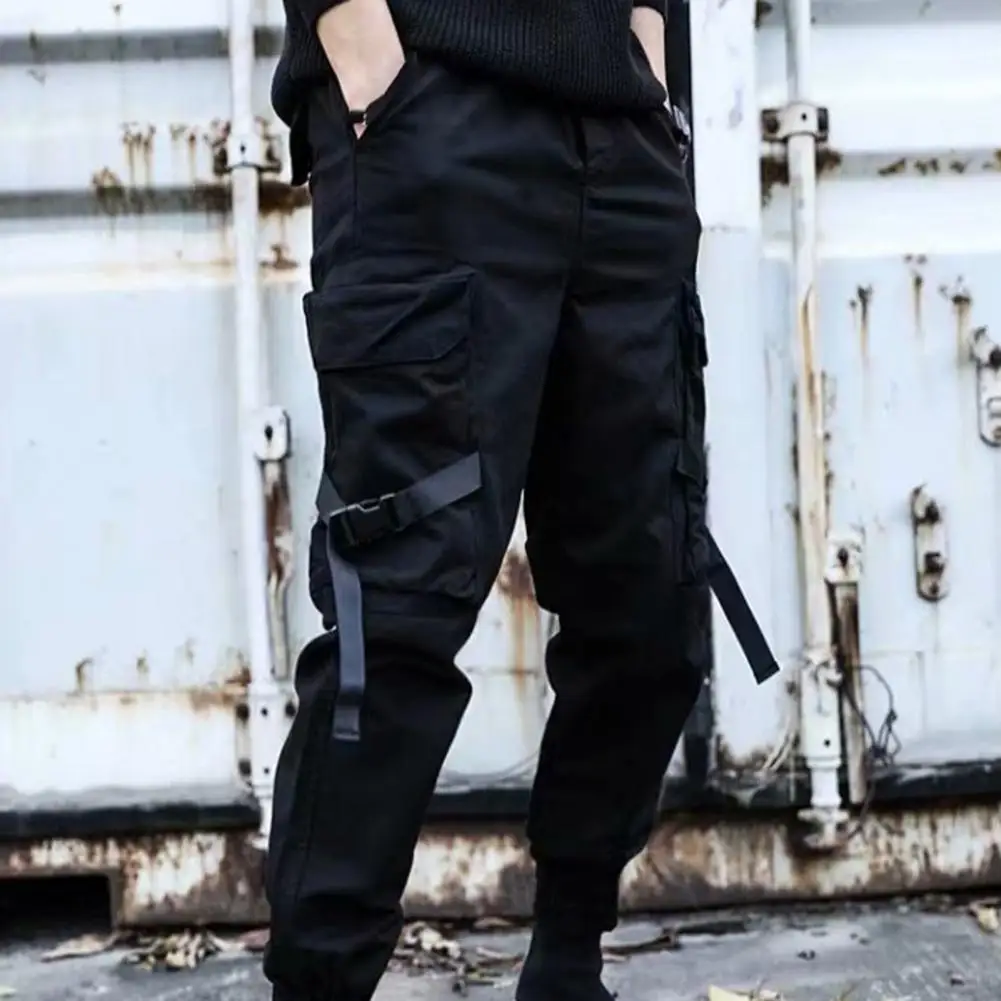 Брюки-карго мужские с несколькими карманами, Джоггеры в стиле хип-хоп,Эластичные зауженные штаны до щиколотки, одежда techwear, черные
