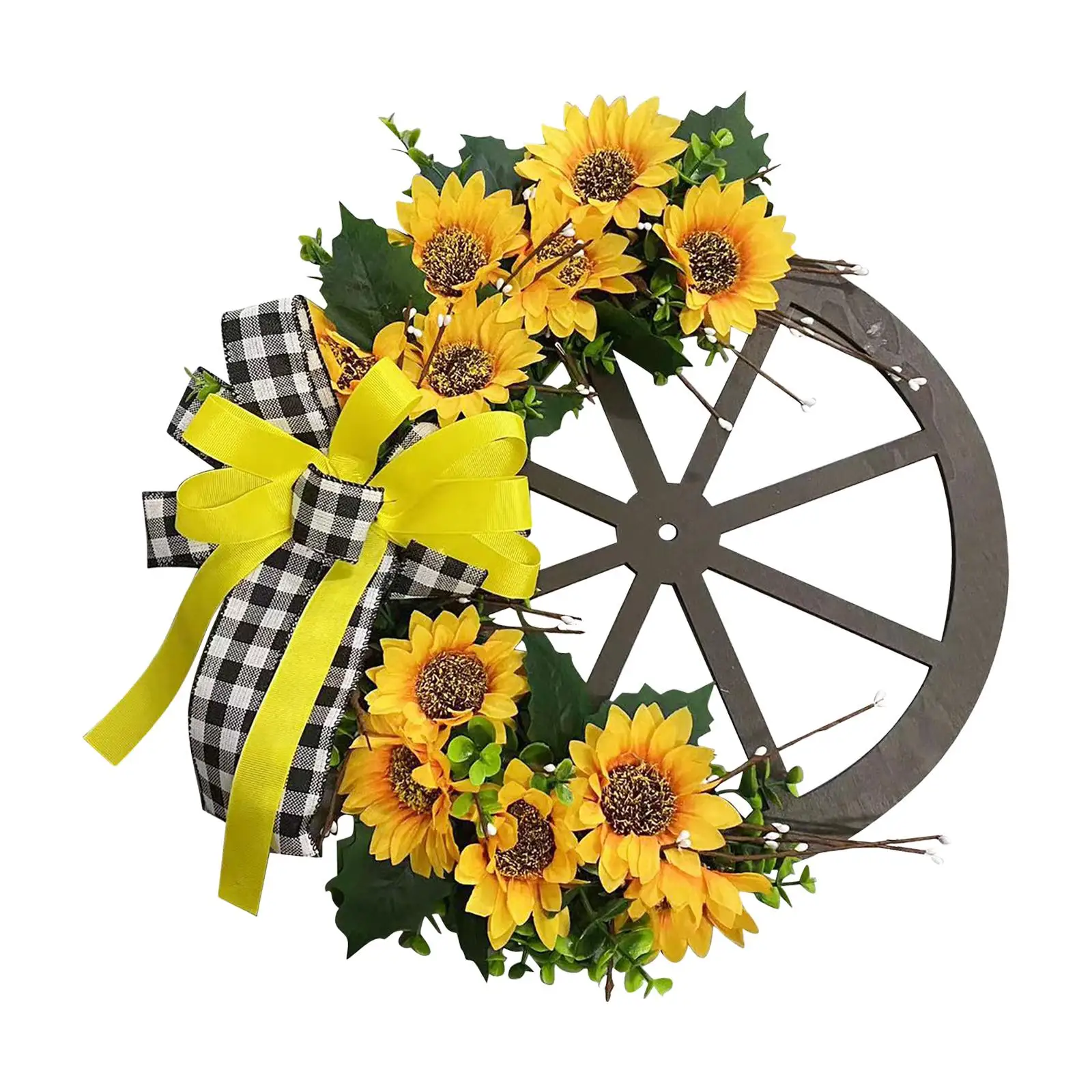 Sunflower Wreaths Front Door Wooden Gears 16inch with Bow Artificial Flowers