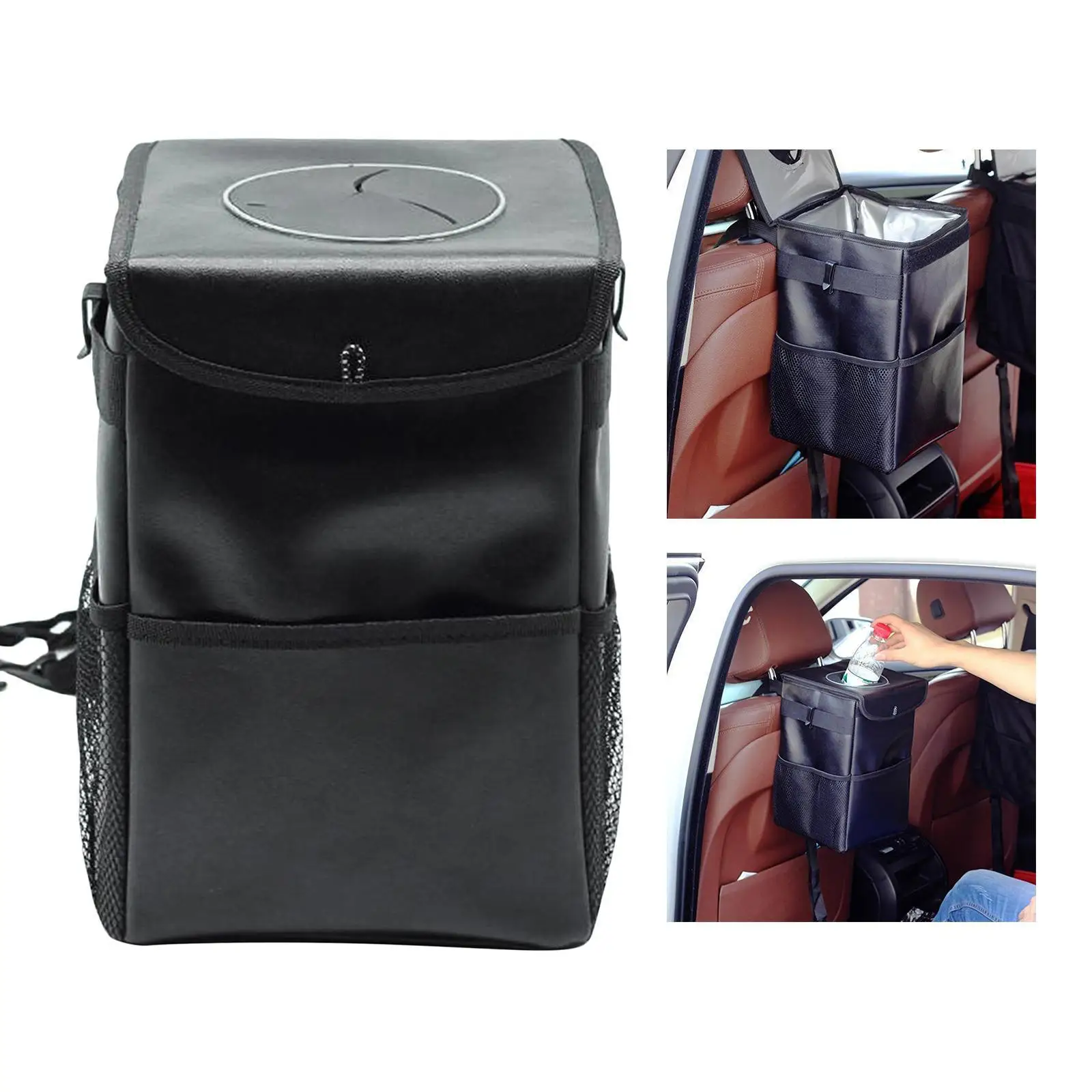 Car Trash Can with Lid and Storage Pockets ,   , Waterproof Car Garbage Can, Multipurpose Trash Bin  Black