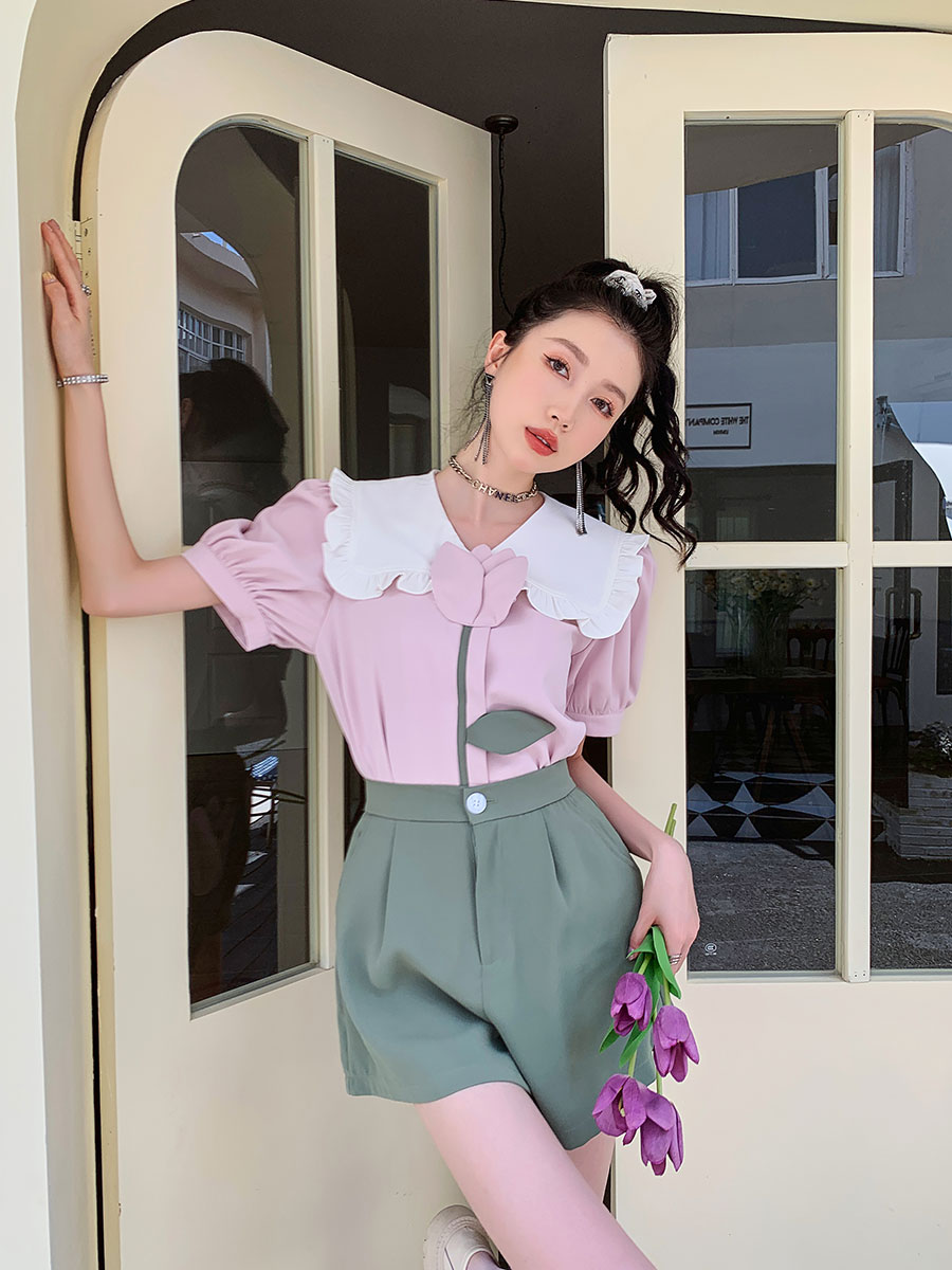 Blusa Coreana, Manga Puff, Patch Floral, Camisa