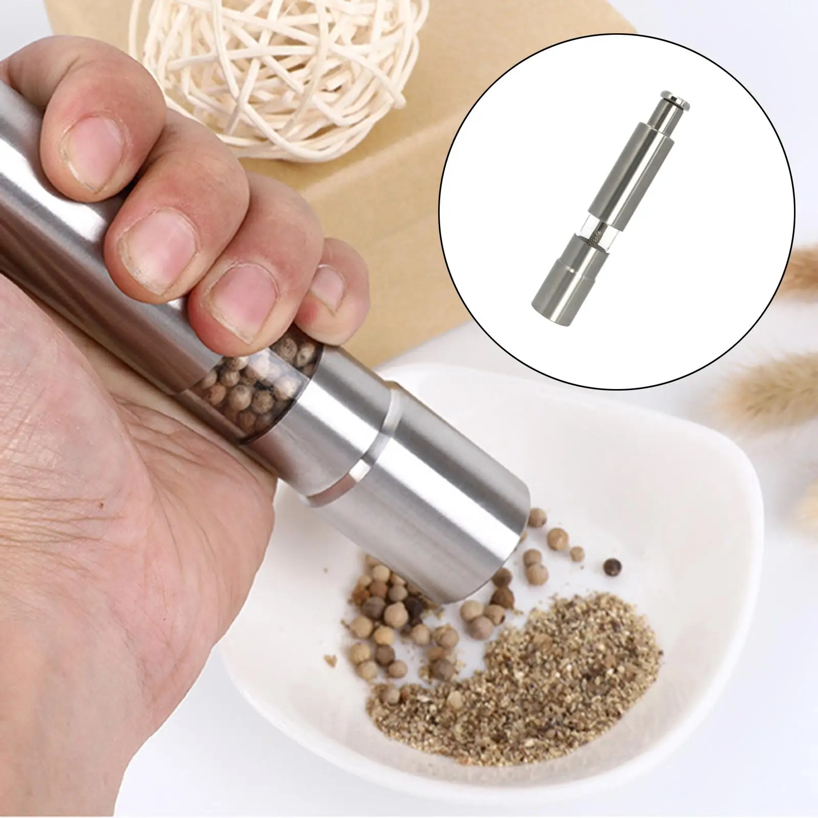 Manual Salt or , Stainless Steel Grinding Thumb Push Refillable Modern Durable Spice Mill, for Kitchen Tool BBQ Peppercorn