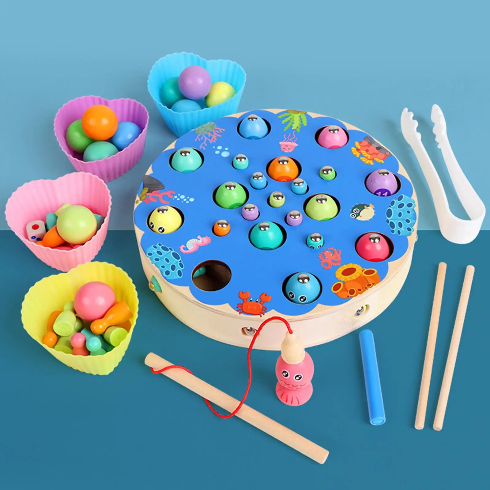 Multicolor Wooden Fishing Game Fishing Pole Chopsticks Fine Motor Skill Learning Toy for Game Teaching Indoor Birthday Activity