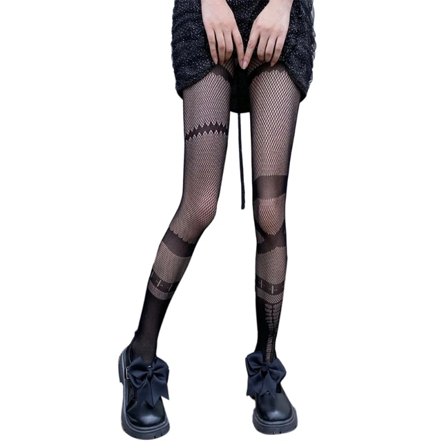 Women Sexy Hollow Out Fishnet Pantyhose Dark Gothic Punk Asymmetrical  Jacquard Patterned Bottoming Leggings Tights Dropshipping