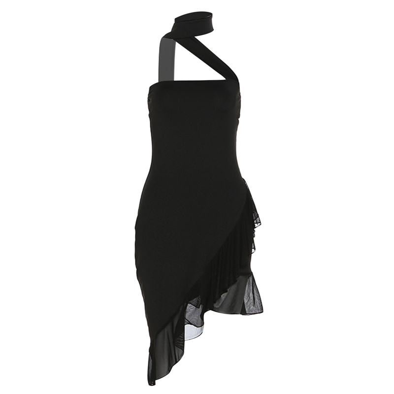 Ruffled Dresses for Women Summer Solid Color Sleeveless Halterneck Backless Irregular Hem Midi Dress y2k Party Dress