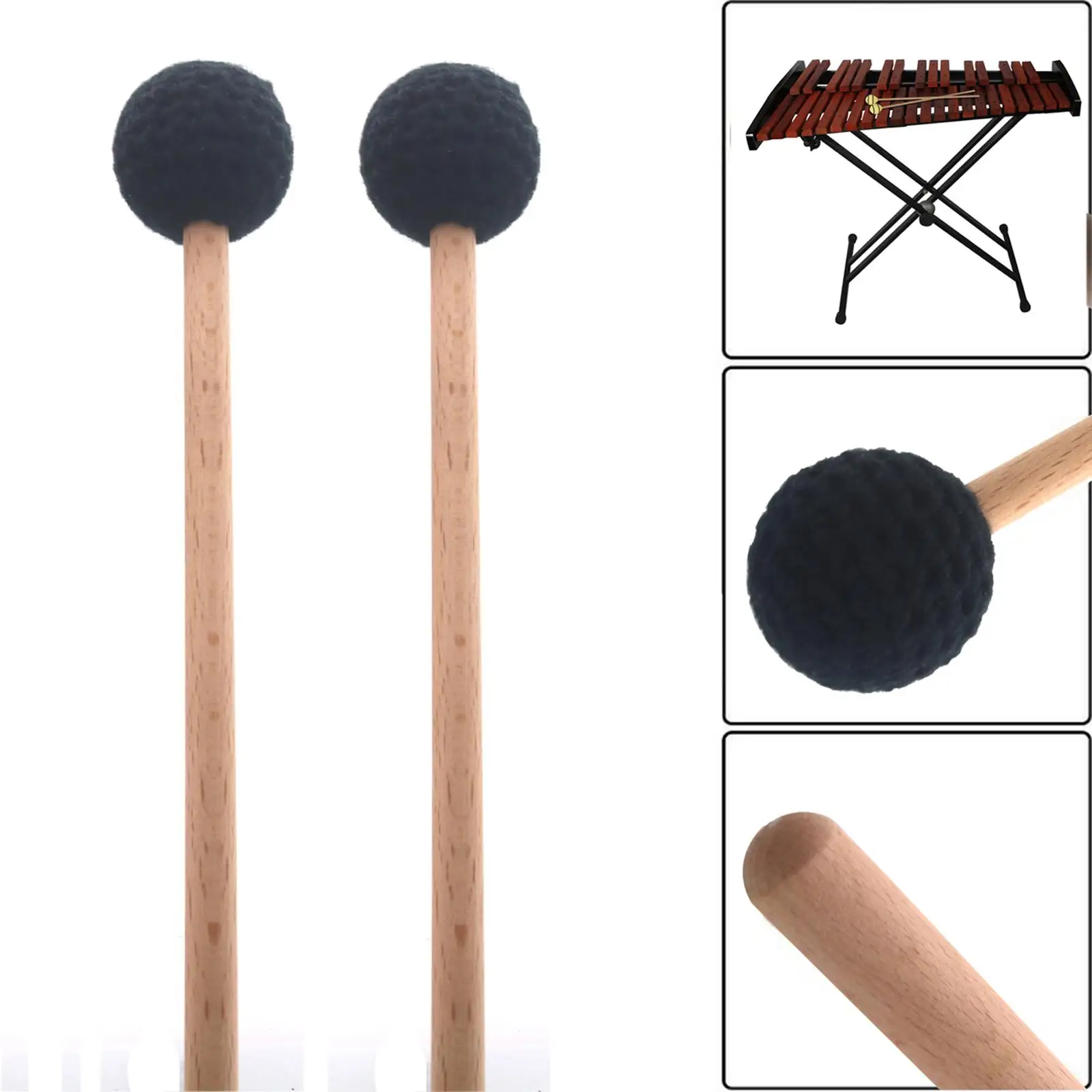 2x Percussion Mallets Sticks with Wooden Handle 17 inch Long Glockenspiel Sticks for Drummers Practitioners Xylophone