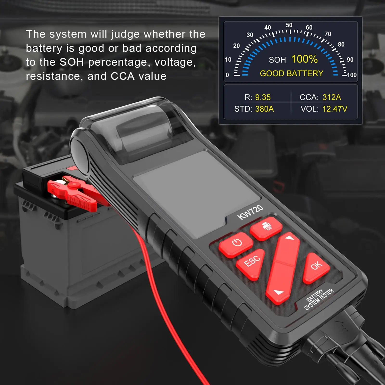 KW720 Car Battery Tester with Printer 6V 12V 24V Battery Health Analyzer for Cars ATV SUV Starting and Charging System