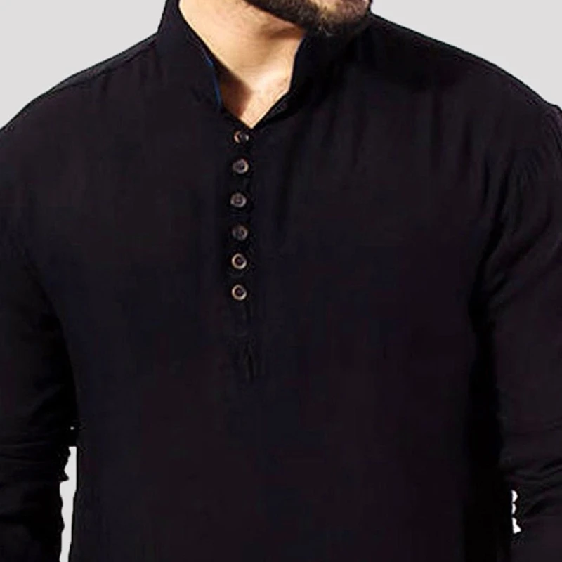 JXG Men Slim Stand Collar Print Muslim Long Sleeve Shirts