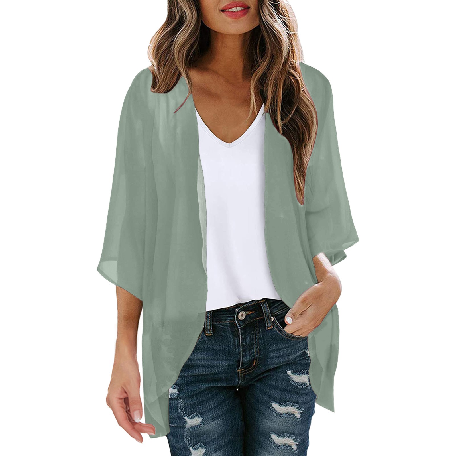 S4f8d9292b2a54c69a491818cf6129cb7E Womens Solid Elegant Puff Sleeve Chiffon Blouse Cardigan Loose Cover Up Casual Long Sleeve Tops Summer Plus Size Thin Tops