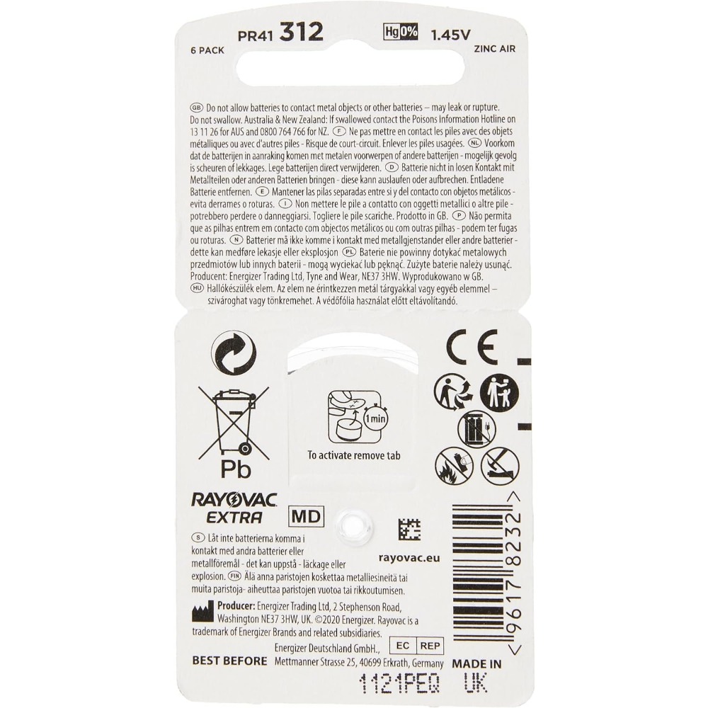 Description Picture 5 of itemRayovac Zinc Air Extra 312 Hearing Aid Batteries 60PCS / 10 Cards 1.45V 312A A312 PR41 For BTE CIC RIC OE Hearing Aids