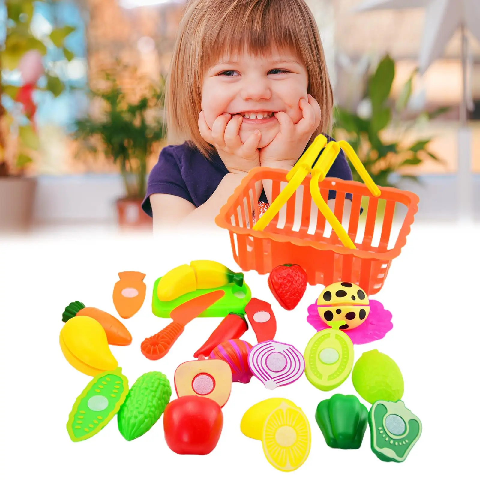 Pretend  Set Vegetables and Fruits Role  Simulation Cutting  Food for Over 3 Years Old Toddlers with Storage Basket