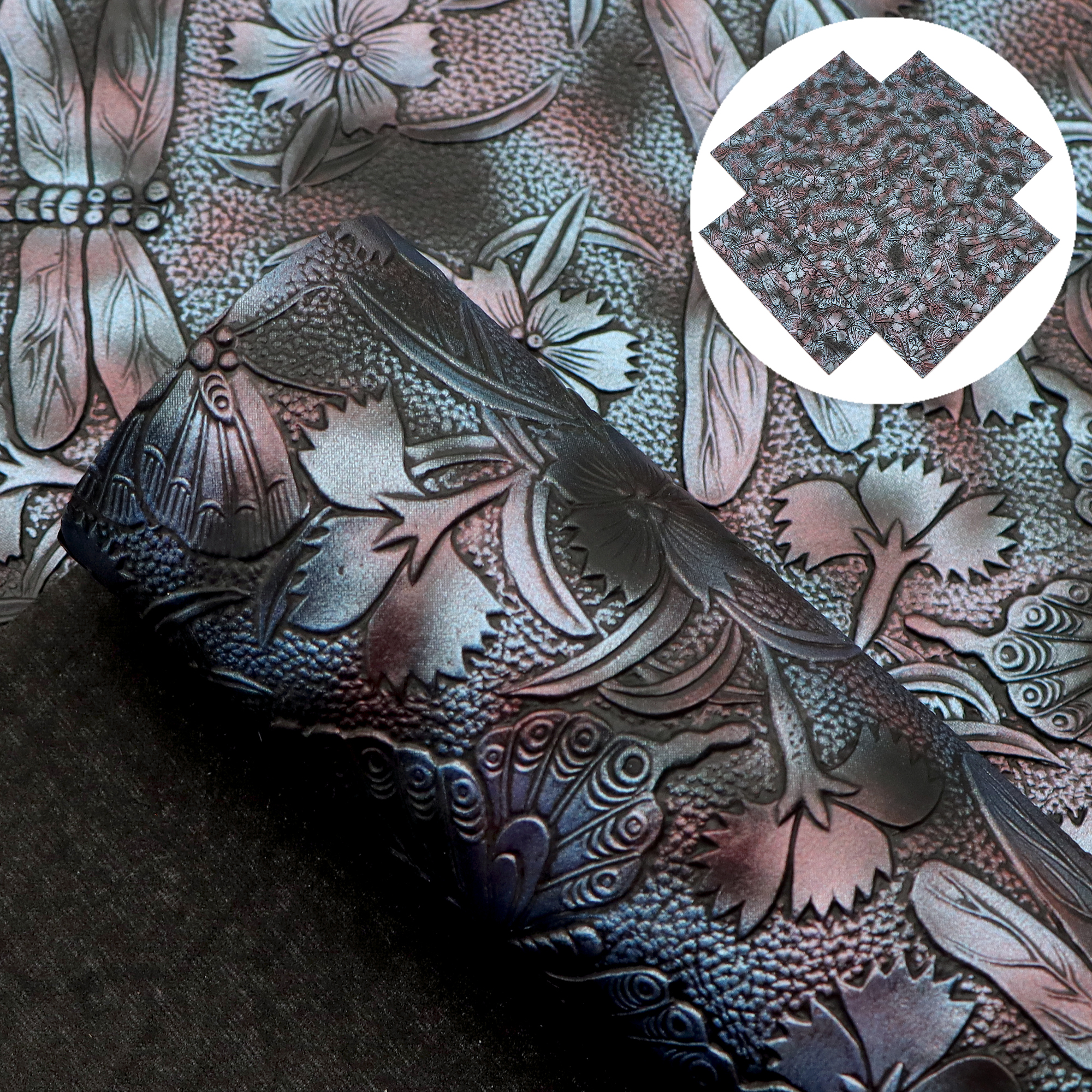 Description Picture 6 of itemMetallic Color Flower Faux Leather Sheets Dragonfly Flower Synthetic Leather Fabric Roll For DIY Earrings Bags Bows