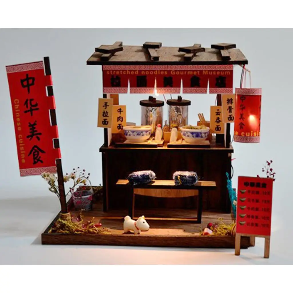 DIY Wooden Mini Dollhouse Noodle Shop Model with LED Lamp Children`