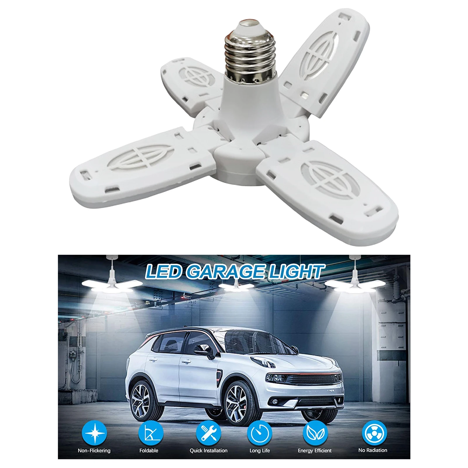 LED Garage Light, 28W E27 2300lm Deformable LED Garage Ceiling Lights Garage LED Light with 4 Adjustable LED Panels
