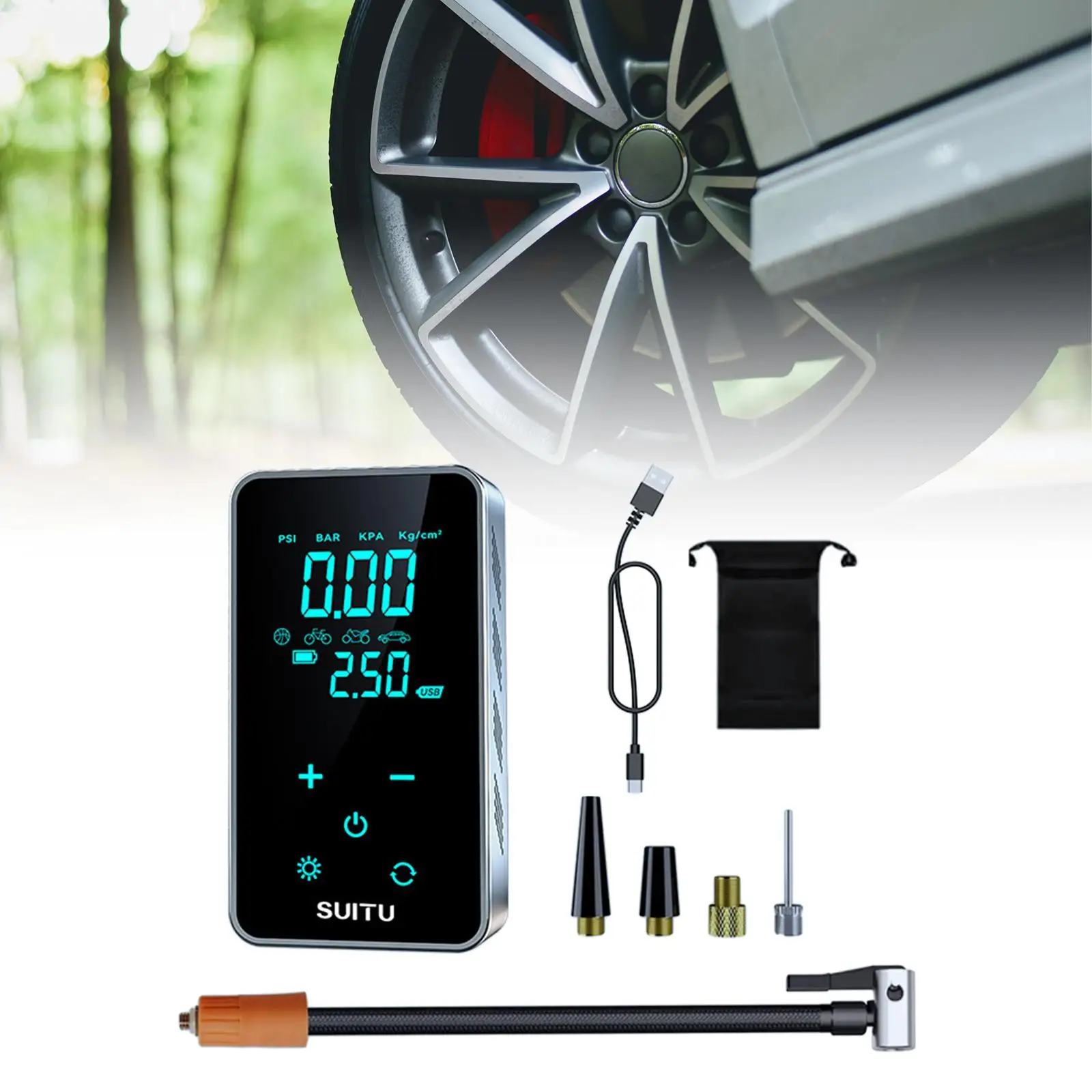 Tire Pump Multifunctional Bike 5V1A LED Illumination Car 7.4V Air Compressor