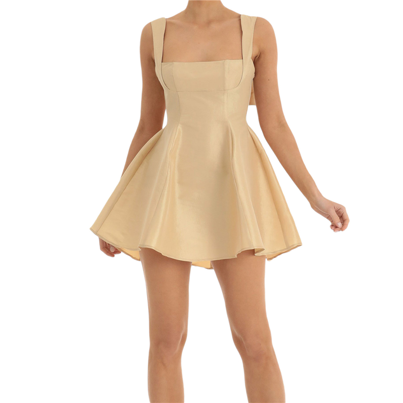Satin Dress for Women Summer Solid Color Square Collar Sleeveless Backless A Line Mini Dress Elegant Party Dresses