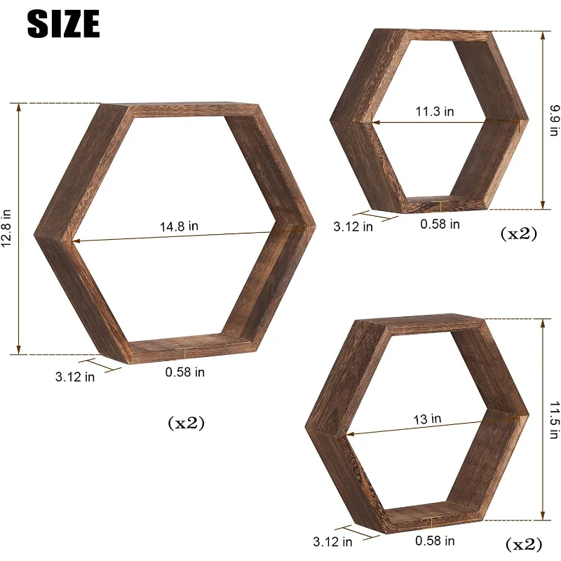 Hexagon Floating Shelves Set of 6 Honeycomb Shelves for Wall, Brown plant stands  flower stand