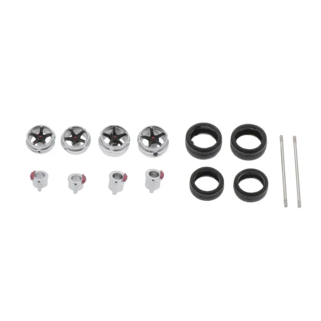 4pcs 1/64 Scale Car Rubber Wheel Tire Hub Wheel Rims with Soft Rubber Tires for RC 1:64 Car