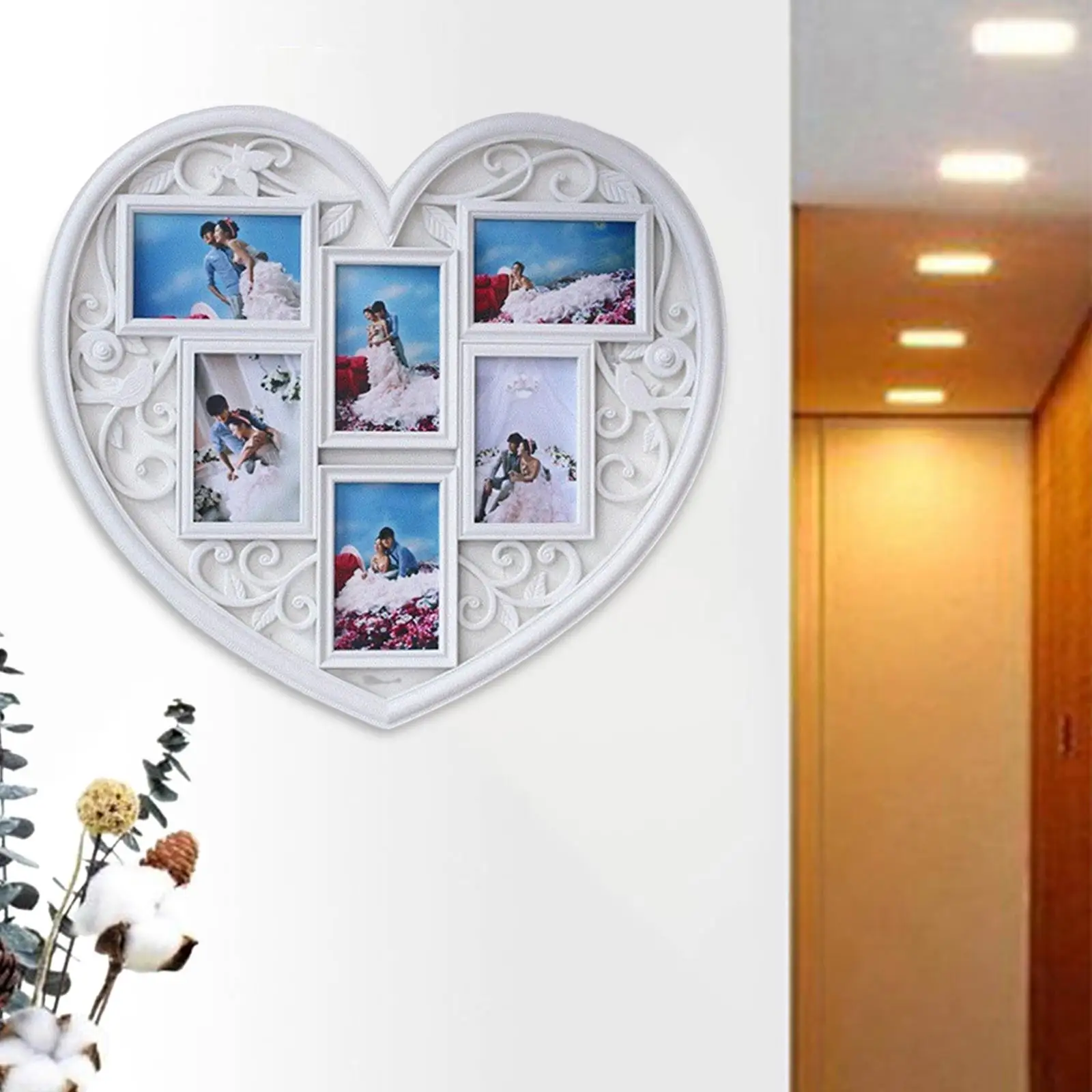 Heart Shaped Wall Decor Collage Picture Frame Decoration 6 Openings 4x6 White Family Photo Frame for Living Room Home Decor