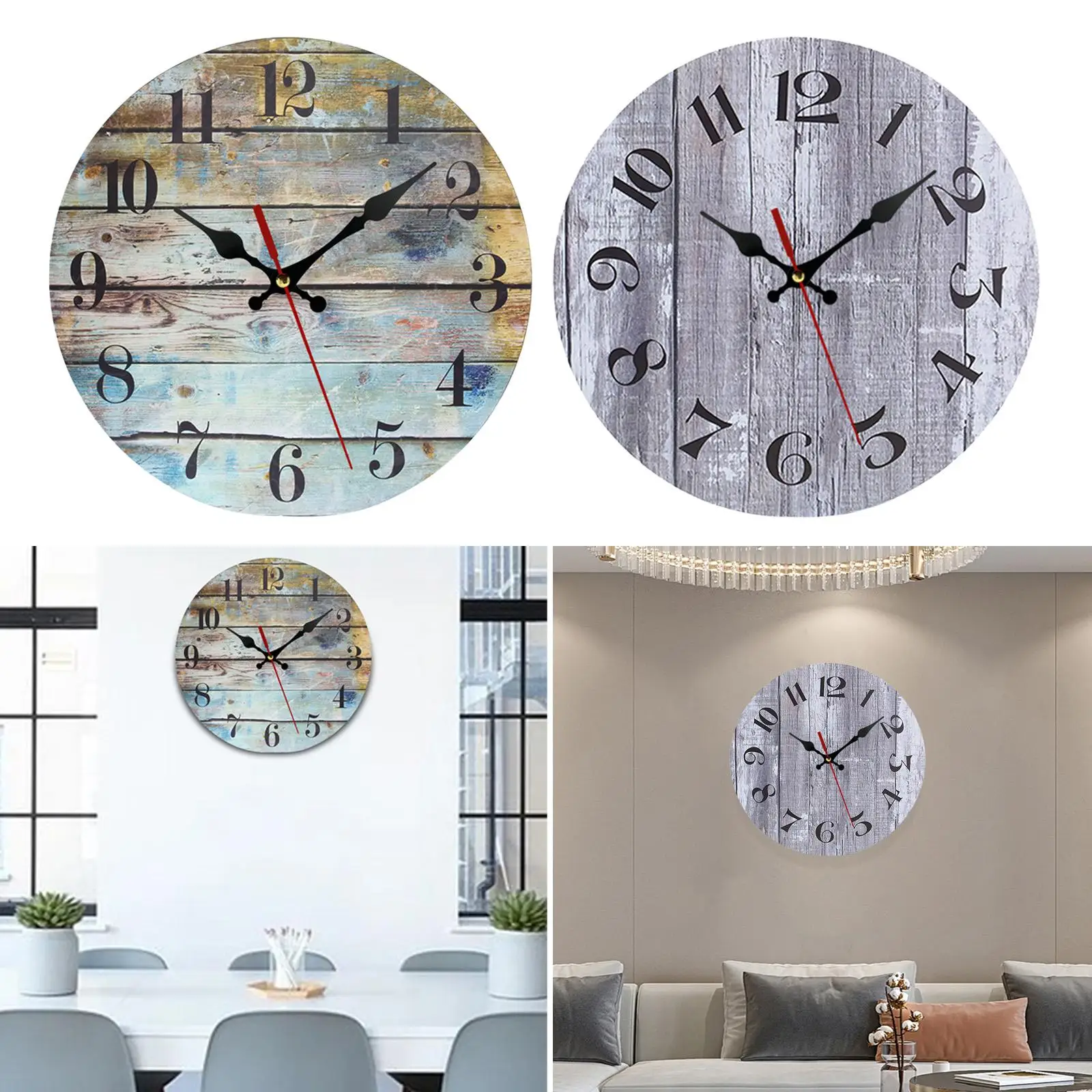25cm Wood Wall Clock Wooden Decorative Watches Non Ticking Silent Rustic Hanging Clocks for Living Room Bedside Bathroom Home