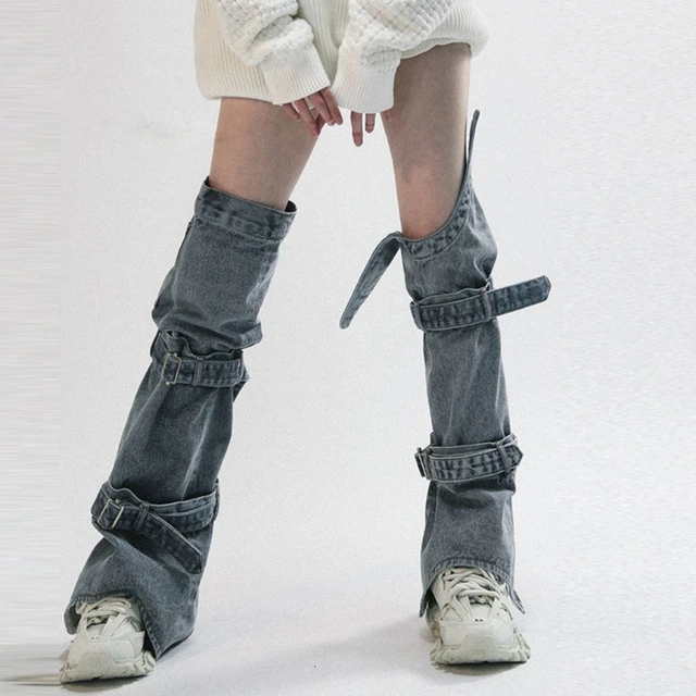 449b Womens Harajuku Punk Rock Denim Leg Warmer Socks Gothic Bandage  Buckled Knee High Foot Cover Aesthetic Grunge Streetwear - Leg Warmers -  AliExpress