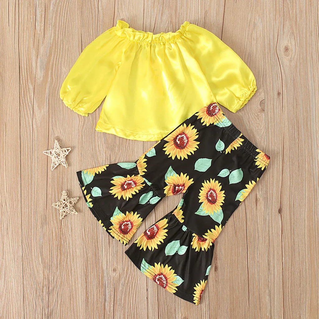 baby clothing set essentials Spring Toddler Baby Girl Clothes Sunflower Print Outfits Sets Off Shoulder Tops  Flare Pants Children Clothing Baby Girls Set Baby Clothing Set discount