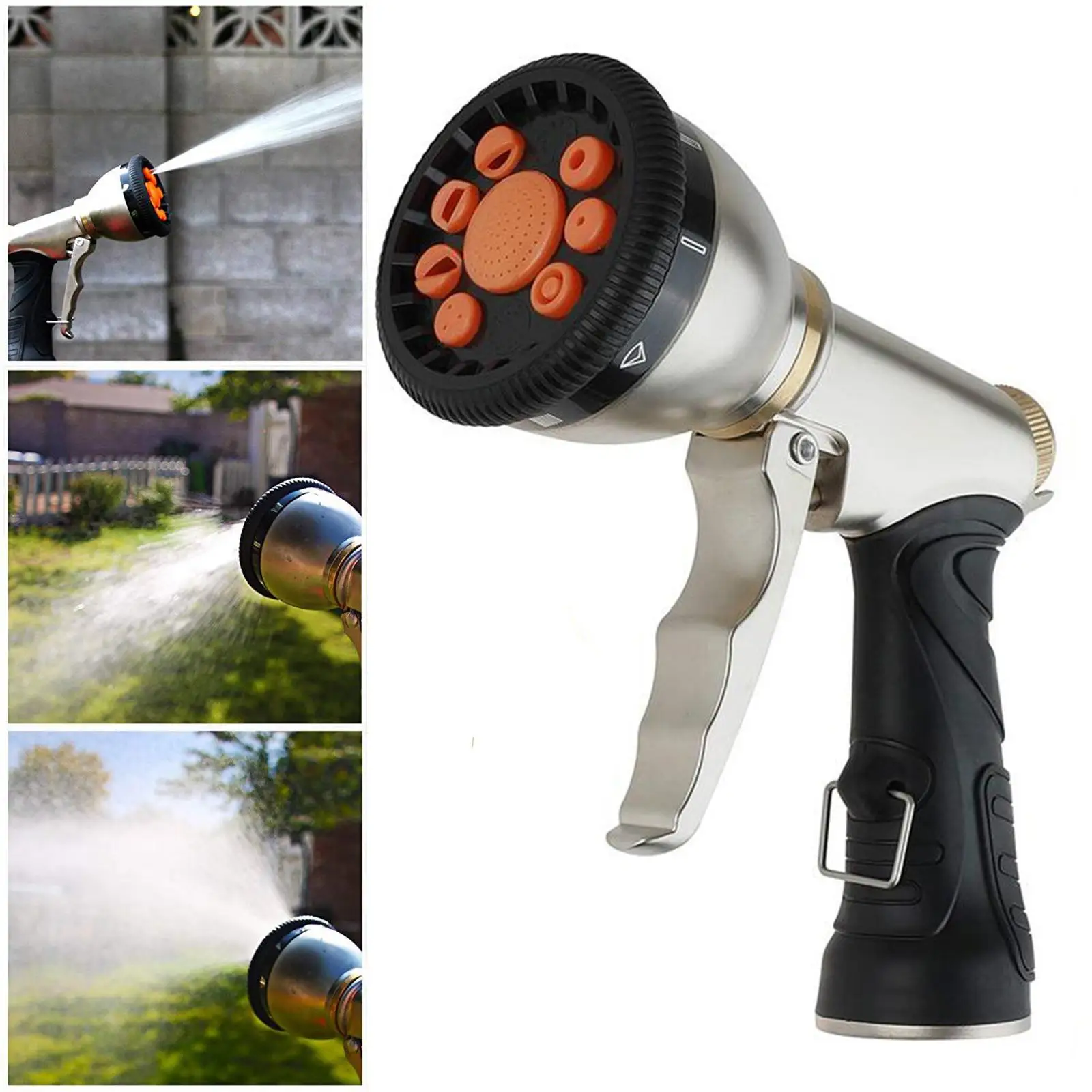 Metal High Pressure Garden Hose Spray Nozzle, Soft Rubber Comfortable Grip,  Standard Garden Hoses