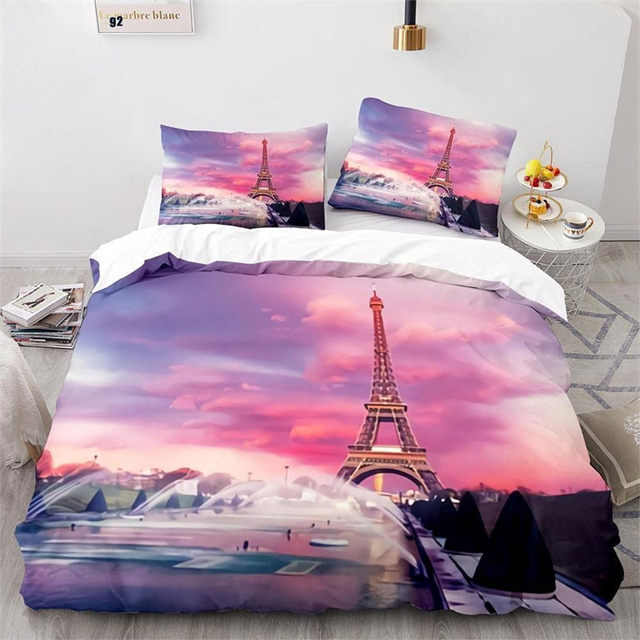 Romantic Eiffel Tower Duvet Cover Microfiber Floral Bedding Set