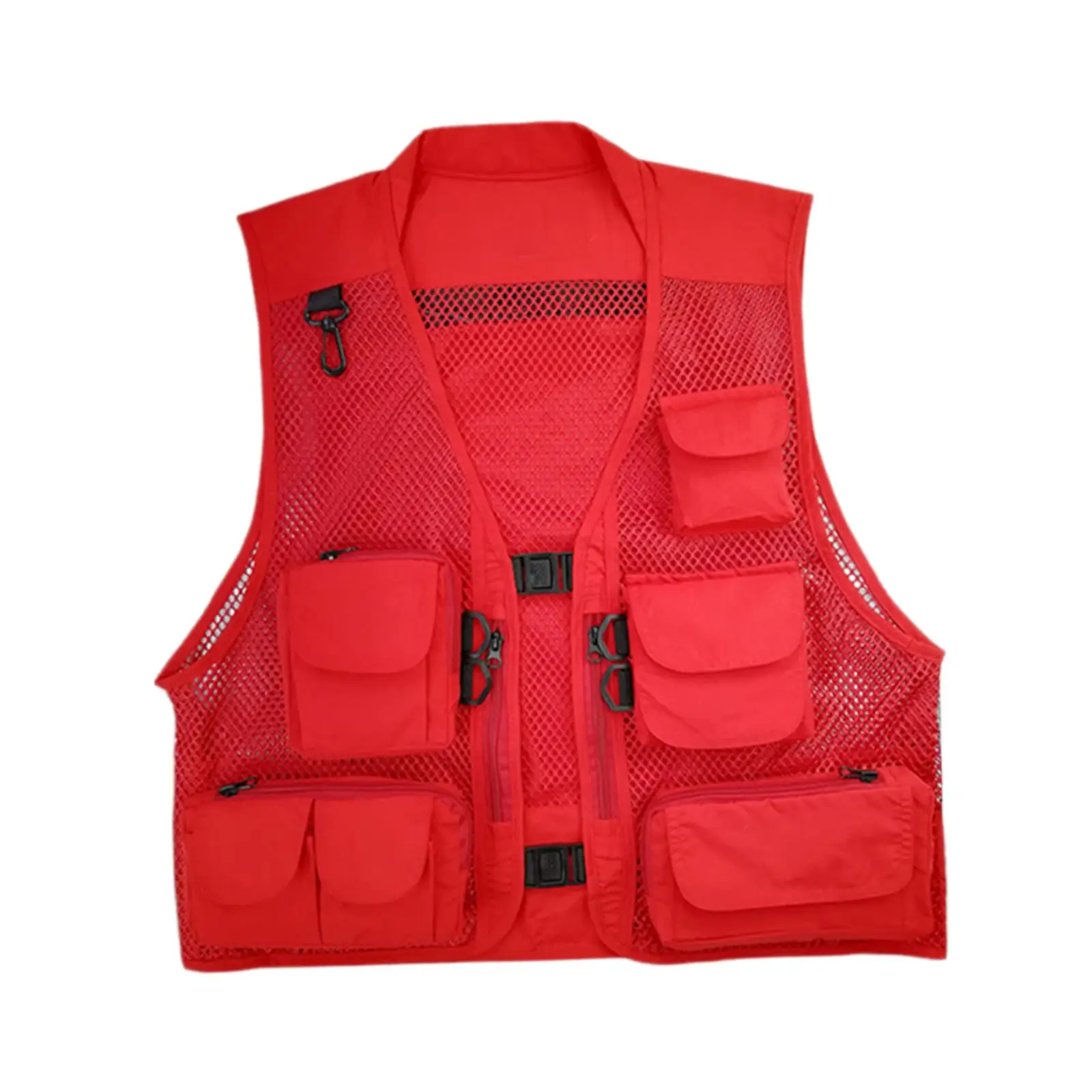 Men Mesh Outdoor Fishing Journalist Vest Multiple Pockets Red Hollow Out Thin Outerwear Breathable Material Polyester Fabric