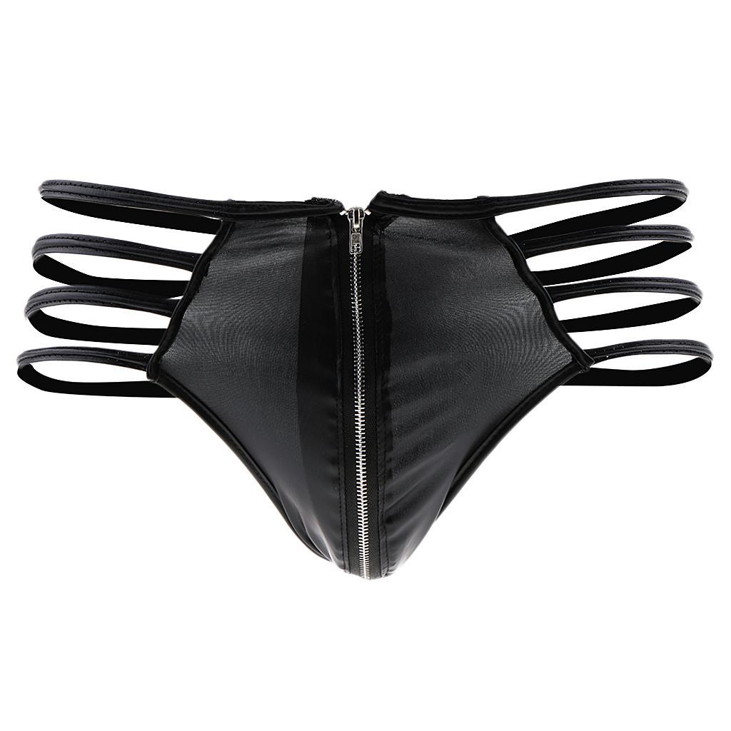 Black PU Leather Pouch Thong Front Zip T Back Underwear Briefs for Men