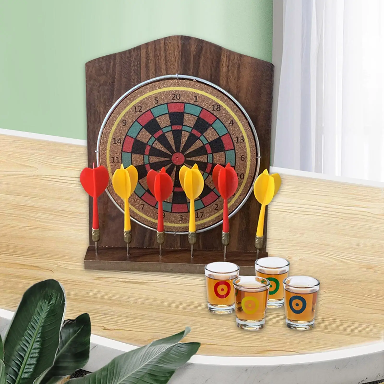 Wooden Dart Board Set with 6 Darts Sports Actvities Durable Target Disk Mini Desktop Dartboard for Yard Outdoor Party Garden Fun
