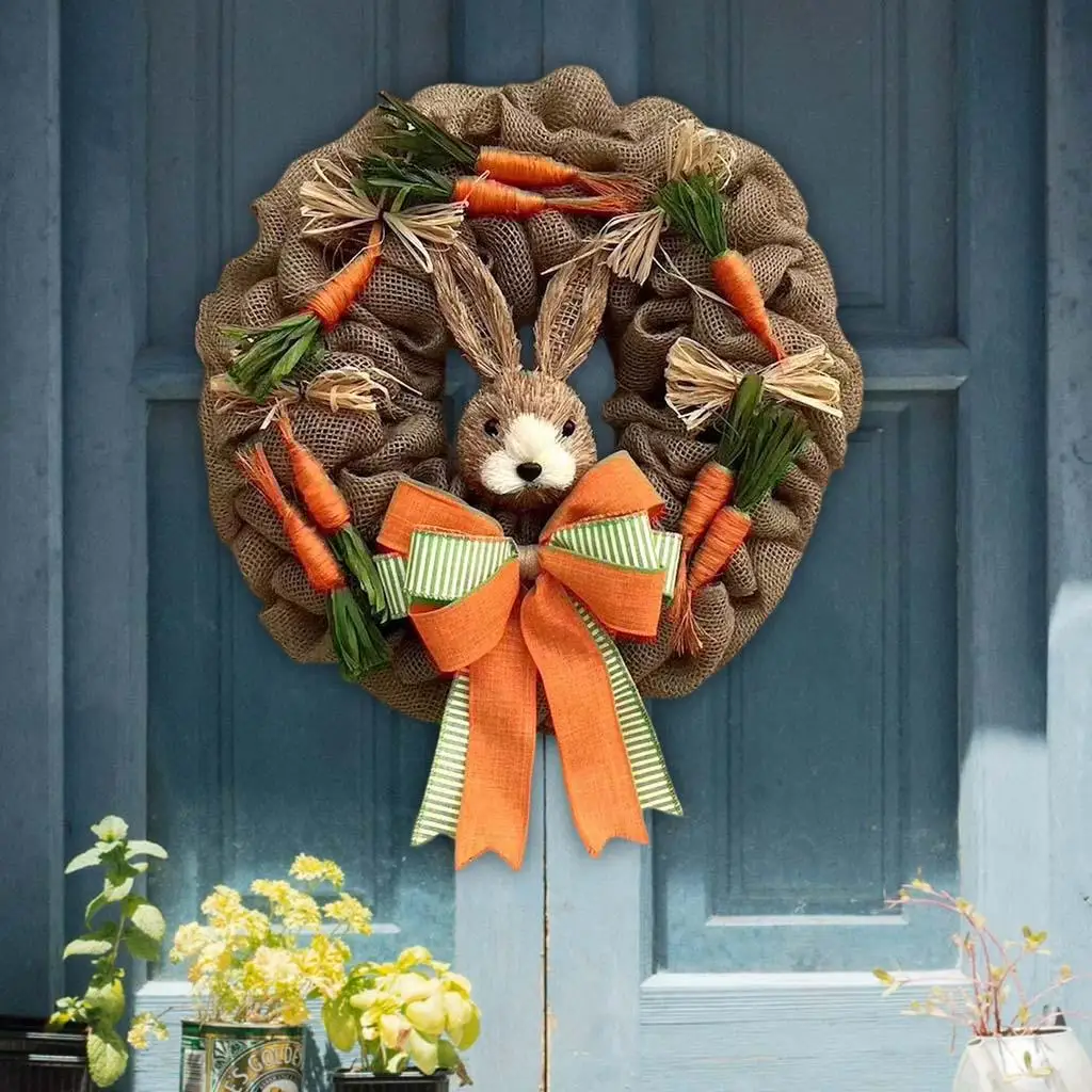 Easter Wreath Front Door Hanging Spring Wreath 45cm Rabbit Garland Bowknot Easter Bunny Wreaths for Home Decor Party Supplies