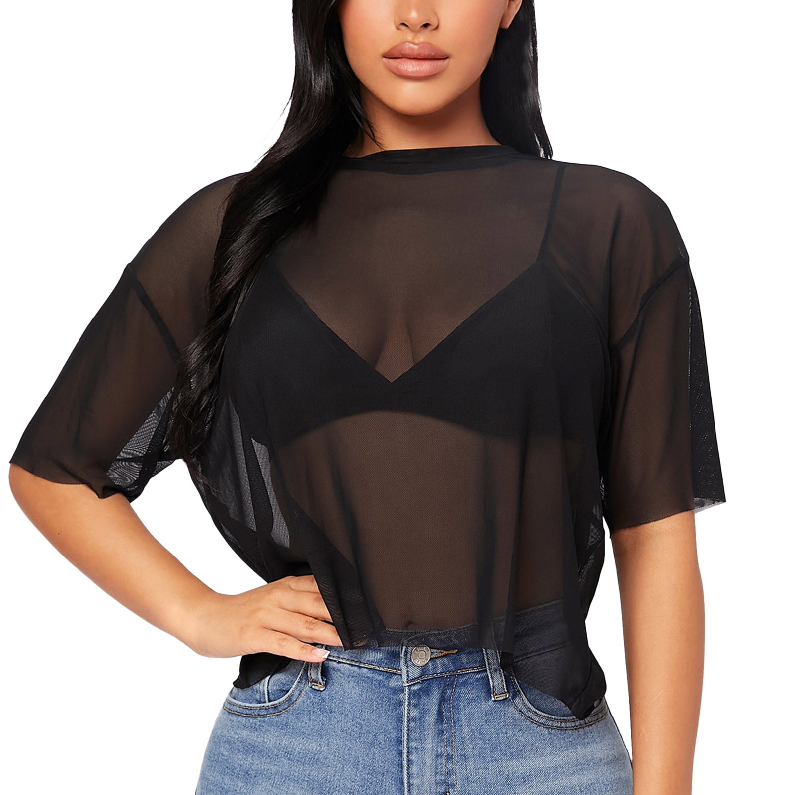 Description Picture 3 of itemWomen Short Intimate Women'S Clothing Tops See Through Women'S Mesh Crop Sheer Shirt Short T Sexy Lingerie Sleepwear Lenceria