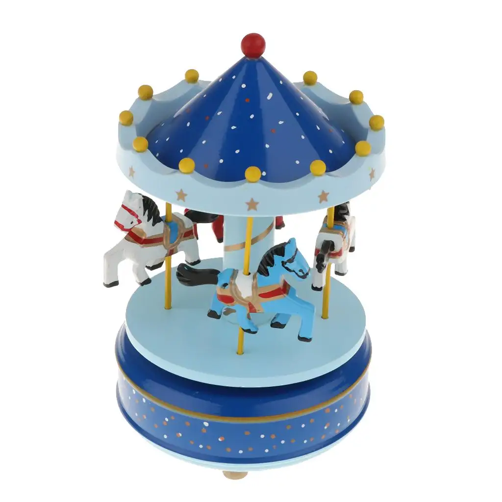 Cute Wooden Musical Box Featuring Swivel Carousel With Little Horses Wind Up Music Box Kids Adorable Gifts- Pink/Blue/Red