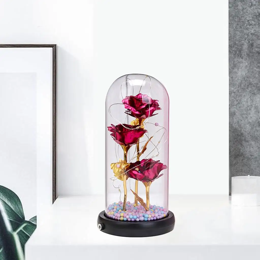 Valentines Day LED Eternal Rose Flower with Fairy String Lights Artificial Foil Flowers in Glass Bottle for Mothers Day Birthday