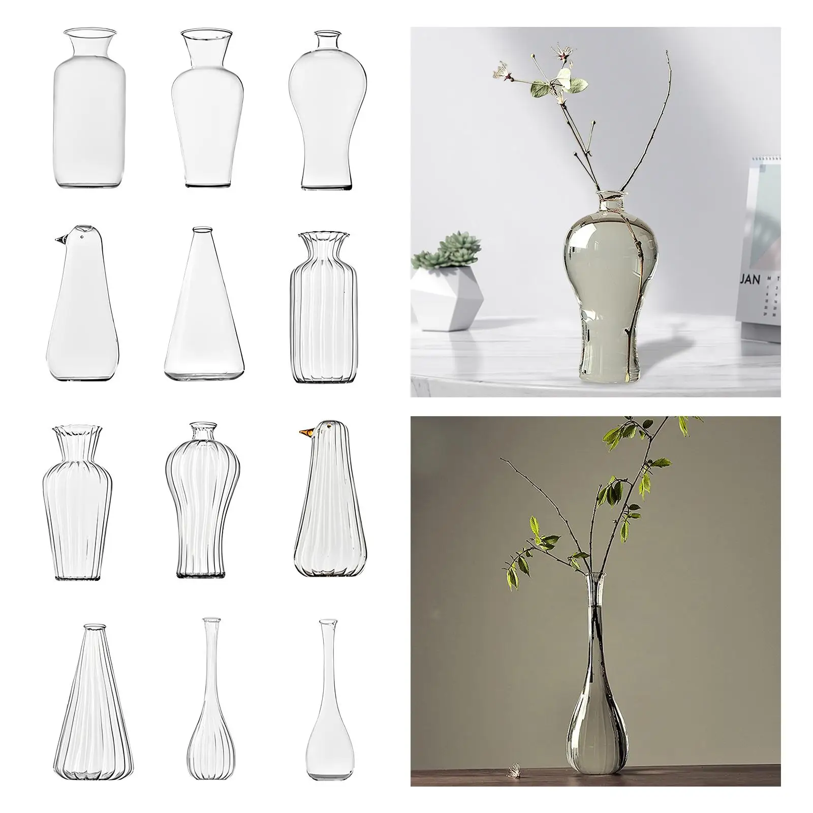 Glass Vase for Flowers Tabletop Planter Accessories Art Ornament Transparent Glass Vase for Interior Dining Room Desktop Kitchen