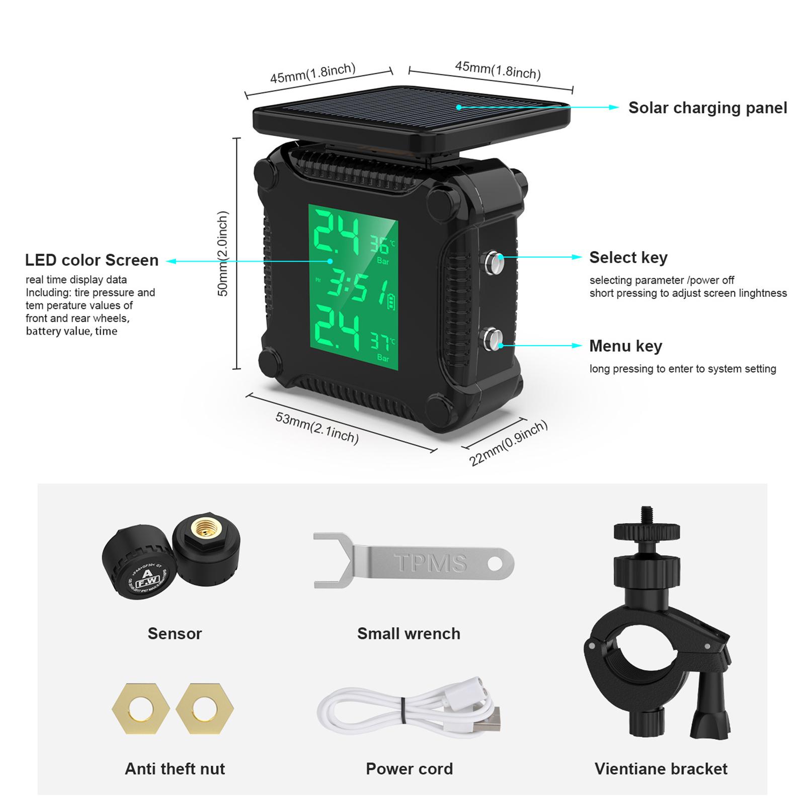 Motorcycle Wireless TPMS Tire Pressure Monitoring System LED Display Screen