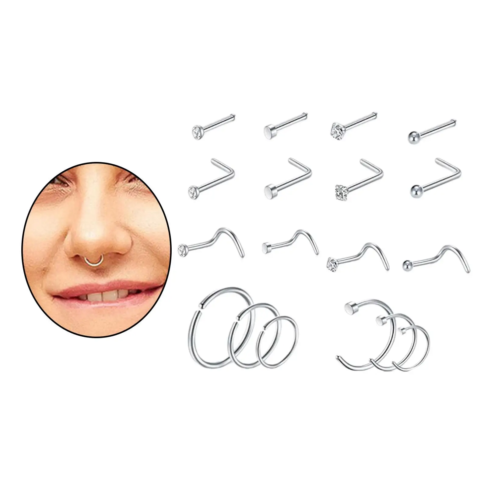 18Pcs Stainless Steel Studs Nose  Nose  for Womens Mens
