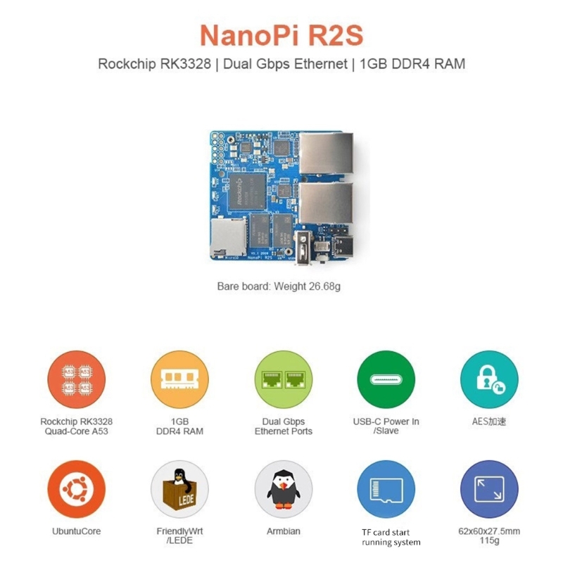 Placa desenvolvimento nanopi r2s rk3328 2gigabit networkports