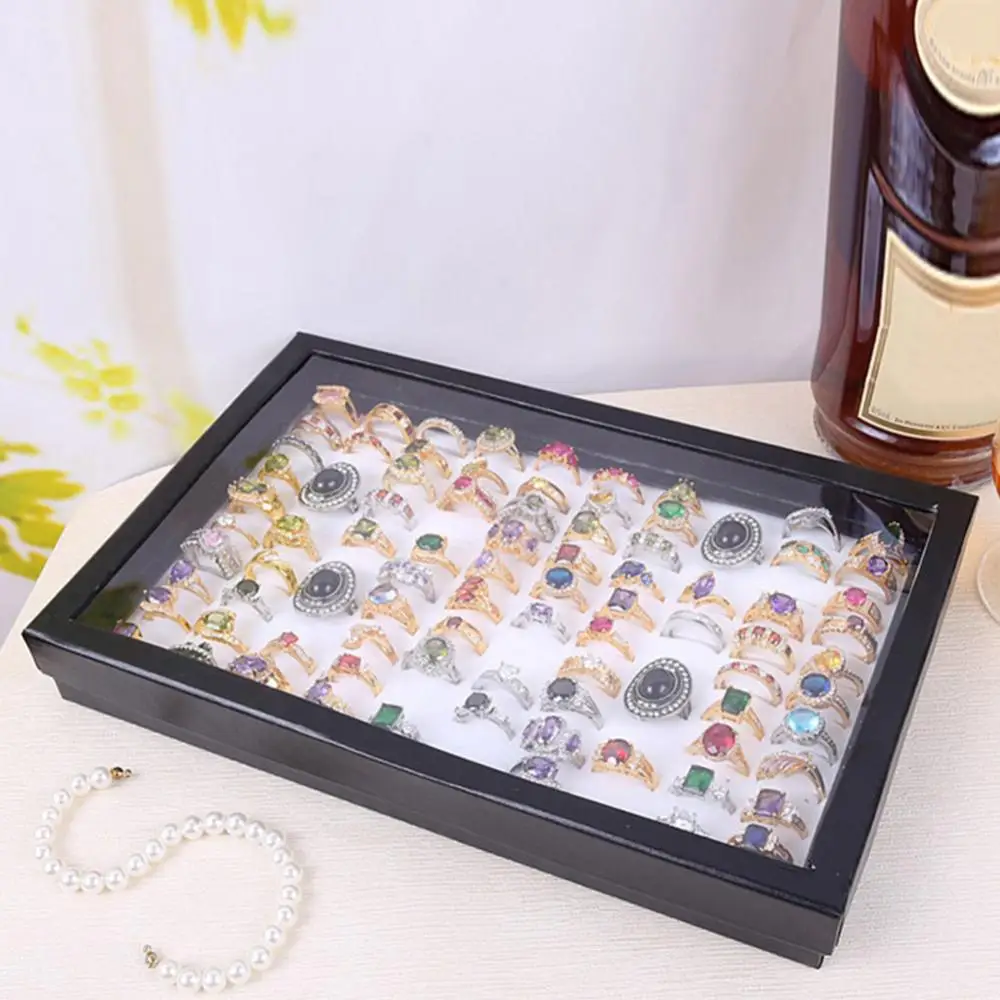 Black H&S Glass Lid 100 Ring Jewellery Display Storage Box Tray Case Organiser 